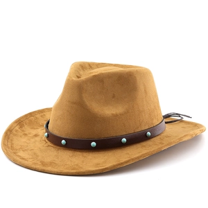 Brown suede western cowboy hat with turquoise studded leather band on white background