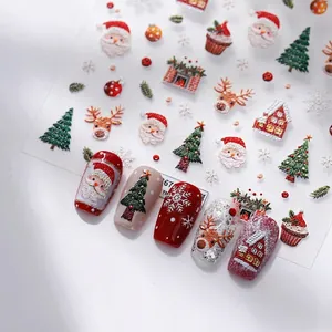 Stickers ongles 3D relief Noël avec Père Noël, renne et motifs de maison en pain d'épices