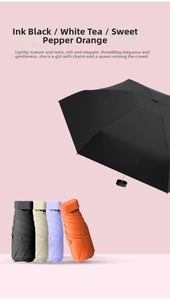 Compact 6-fold travel umbrellas in black, white, orange, and lavender shades