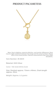 Macro detail of 925 sterling silver organic pendant necklace with toggle clasp and dimensions