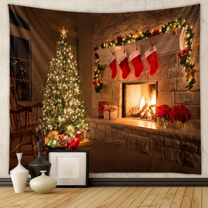 Detail of Christmas tree tapestry showing warm fireplace and holiday gifts on wall