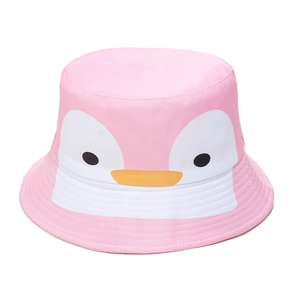 Close-up of pink bucket hat with cute cartoon penguin face embroidery and yellow beak