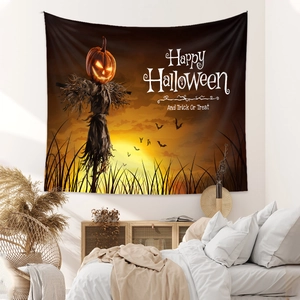 Detail of Halloween tapestry with glowing pumpkin scarecrow and Happy Halloween text