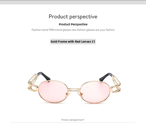 Front view of steampunk sunglasses featuring gold metal frame and pink oval lenses