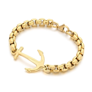 Men's 18k gold plated stainless steel anchor pendant bracelet with square box chain