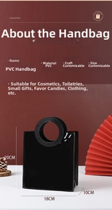 Detail of black glossy PVC handbag with round handle and 18x10x20cm size dimensions
