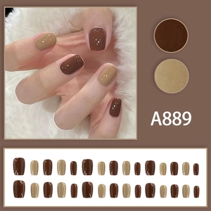 Mocha brown glossy press-on nails set with 24pcs assorted sizes in solid bicolor design