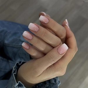 Kurze Quadratische Aufdrücknägel Rosa Weiß Ombre Glitzer Verlauf Künstliche Fingernägel Für Damen