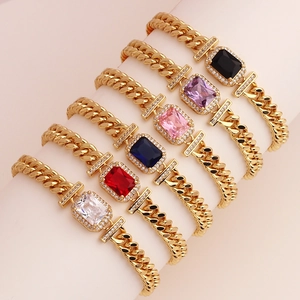 Elegant Women Cuban Chain Bracelet Brass 18K Gold Plated Rectangular Cubic Zirconia Gemstone Micro Pave Hip Hop Fashion