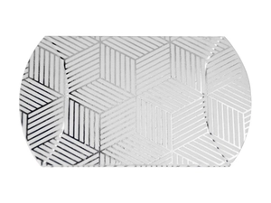 Detailed view of silver pillow box featuring a 3D isometric cube geometric pattern