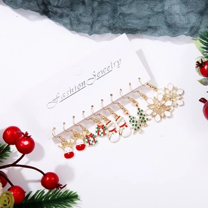 Detailed set of five Christmas enamel earrings featuring reindeer, snowman and tree motifs