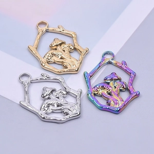 Polished stainless steel mushroom pendants in gold, silver and rainbow plated colors