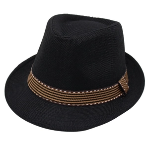 Classic black wool fedora hat with a striped ribbon band and flat brim for men and women