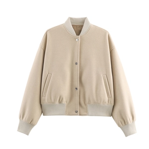 Beige tweed bomber jacket for women featuring button-front closure and a relaxed fit