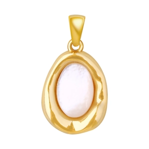 Macro shot of gold-plated oval mother-of-pearl pendant with irregular organic metal edge