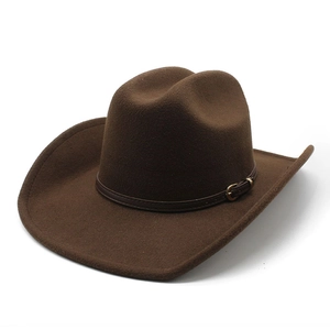 Classic dark brown felt cowboy hat with a leather decorative band and curved brim