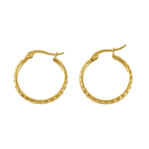 Classic 18K gold-plated stainless steel hoop earrings with spiral texture on white background