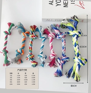 Size comparison of colorful braided cotton rope toys for small to large dogs' chewing