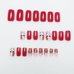 24-piece set of red skull and rose floral press-on nails in short square shape