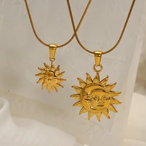 Vintage stainless steel sunburst face pendant necklace with snake chain in gold finish