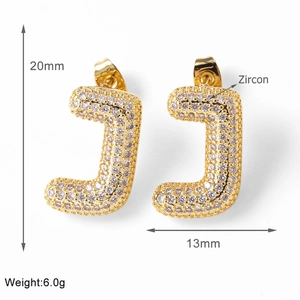 Detailed dimensions of gold letter J earrings with zircon stones and 20mm height