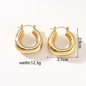 Polished 18k gold plated stainless steel chunky U-shaped hoop earrings for women