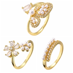 Elegant Copper Open Ring For Women With Zircon And Artificial Pearl Butterfly Heart Flower Eye Crown Star Adjustable Fashion Jewelry