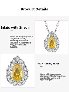 Detailed macro view of S925 sterling silver necklace with pear-cut yellow zircon pendant