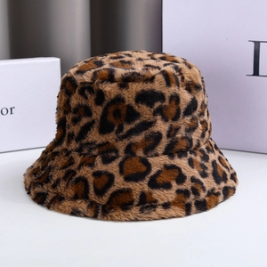 Stylish leopard print plush bucket hat for women with thick faux fur warm material