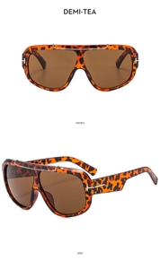 Detailed front and side views of oversized tortoiseshell sunglasses with brown lenses