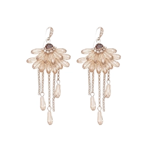 Luxurious bohemian champagne crystal fan-shaped tassel earrings with zircon accents