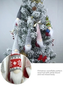Detail of Nordic Christmas gnome hanging ornaments with knitted wool snowflake hats and beards