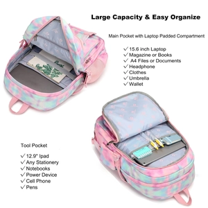 Detail view of pink and blue tie-dye backpack featuring a 15.6 inch laptop padded compartment