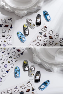 Detailed 5D Halloween nail art stickers with ghosts, stars, and wizard hats patterns