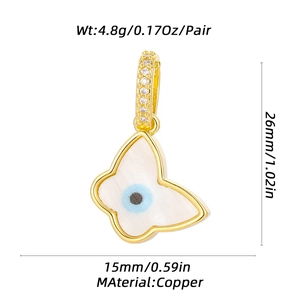 Detailed size and material specs for gold butterfly earrings with shell and zircon