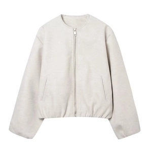 Women's minimalist off-white bomber jacket with round neck and metal zipper closure