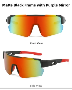 Front and side views of matte black cycling sunglasses with red accents and gradient lenses