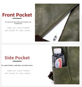Detail of dark green leather backpack featuring side water bottle pocket and front zipper pocket