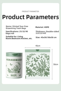 Detailed size specifications for printed drawstring HDPE trash bags with leaf patterns