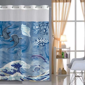 Detailed close-up of ocean dolphin print waterproof shower curtain with metallic grommets