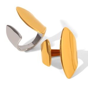Minimalist geometric stainless steel rings in gold and silver finish on white background