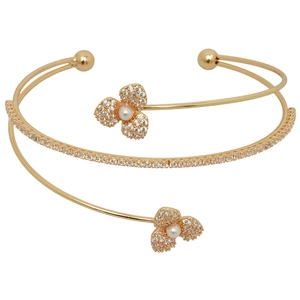 Elegant gold-tone multi-layer open cuff bracelet with zircon flowers and pearls