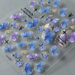 Detail of 3D colorful jelly butterfly and floral nail art stickers with self-adhesive backing