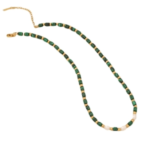 Malachite green beads and white pearls on a gold stainless steel necklace chain