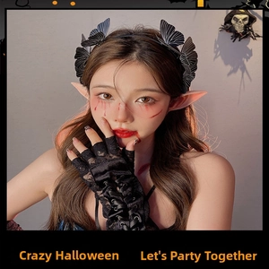 Halloween set with black butterfly headband, elf ears and lace gloves on model