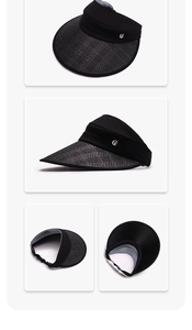 Detail view of black sun visor showing straw texture, metal logo, and adjustable strap