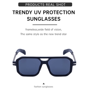 Detail view of square black polarized sunglasses featuring a stylish double bridge design
