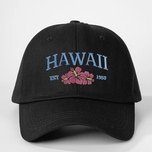 Black cotton baseball cap with Hawaii EST 1959 embroidery and hibiscus flower detail