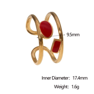 Detail showing dimensions of 18k gold plated open ring with red enamel and 17.4mm diameter