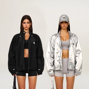 Giacca Lucida Metallica Donna Vestibilità Ampia Antivento Nylon Streetwear Collo Alto Sportiva Casual